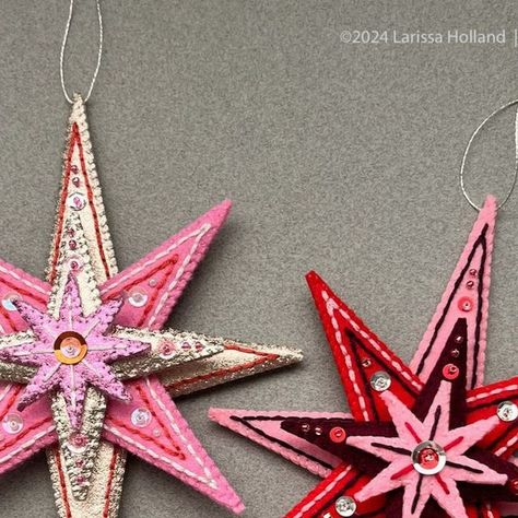 Larissa Holland on Instagram: "I tried a LodeStar ornament in Korean hard felt as an alternative to the metallic felt. While I do like the look of the finished ornament and it does yield nice clean points, alas, I do not recommend using it for this pattern. I absolutely wore out my fingers and my patience trying to embroider through it. It puts up quite a fight! Unless you have strong hands. Maybe I just have wimpy hands? I wanted to post my results here in case you had the same thought about trying it. I'm sure it's aces for machine sewing, just difficult to hand sew. PROS: Not expensive (about $1.25US per sheet), won't shrink or bleed, makes crisp looking stars, easy to cut, the matte finish adds a charming folk look CONS: Colors are pretty limited, difficult to hand embroider and hand s Heart Felt Ornaments Diy, Strong Hands, Felt Ornaments Diy, Felt Beads, Strong Hand, Color Guide, Felt Sheets, Machine Sewing, Felt Hearts