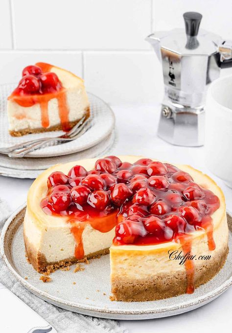 Baked Cherry Cheesecake Recipe, 7 Inch Cheesecake Recipe Springform Pan, Easy Cheesecake Recipes No Water Bath, No Water Bath Cheesecake Recipe, Cheesecake Recipes Without Water Bath, 10 Inch Cheesecake Recipe Springform Pan, Cherry Swirl Cheesecake, No Water Bath Cheesecake, Baked Cheesecake Recipes Easy