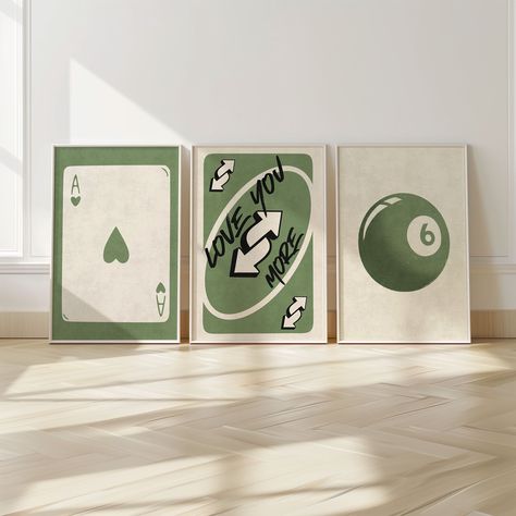 🖼️✨ 3 Piece Wall Art Set Retro Decor for Any Space ✨🖼️ Elevate your decor with our 3 piece wall art set featuring a stylish ace card, a vibrant "Love You More" Uno card inspired design, and a striking magic 8 ball poster. This collection of minimalist wall art brings a touch of retro charm and modern style to any room. Perfect for those who appreciate game room decor, dorm decor, and trendy wall art, this wall art set of 3 is an essential addition for creating a dynamic and visually appealing atmosphere. Ideal for living rooms, bedrooms, game rooms, or bar cart areas, these prints seamlessly blend with various decor styles, adding a unique and playful flair to your space. As part of our gallery wall set collection, these digital downloads are perfect for instant decor updates. Whether yo Cool Bedroom Posters Wall Art, Chess Wall Art Decor, Apartment Decor Gender Neutral, Set Of 3 Canvas Painting Ideas Diy, Spotify Poster Wall, Love You More Uno Card, Poster Design Bedroom, Art For Guys Apartment, Poster Sets Wall Art