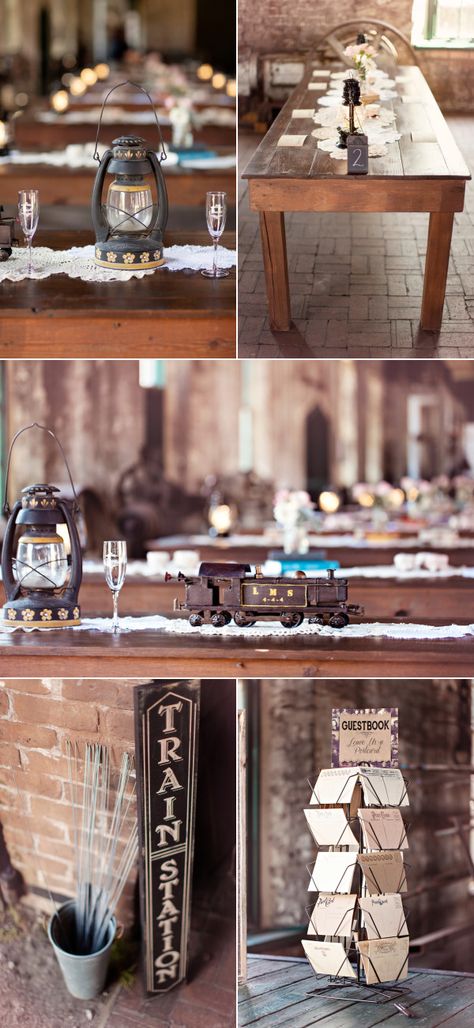 Train Station Wedding Reception, Vintage Train Centerpiece Ideas, Train Theme Wedding Decor, Train Station Wedding Decorations, Train Themed Wedding Ideas, Train Theme Centerpieces, Train Wedding Theme, Train Theme Wedding, Train Station Decor