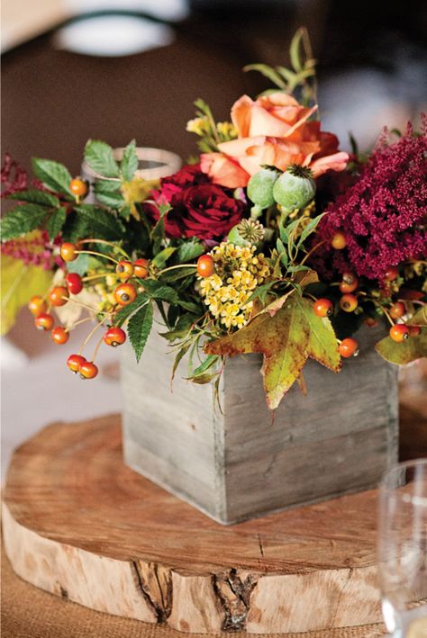 Beautiful Fall arrangement in Fresh - Perennial Designs will design it for you in permanent botanicals to last the whole season! Box Wedding Centerpieces, Festa Harry Potter, Fall Flower Arrangements, Flowers And Greenery, Fall Floral Arrangements, Fall Wedding Centerpieces, Fall Arrangements, Deco Floral, Fall Centerpiece