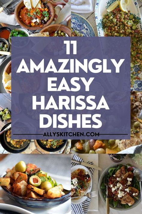 Collage of various Harissa dishes. Harissa Recipes Dishes, Harissa Dinner Recipes, Recipes With Harissa, Harissa Recipe, Harissa Quinoa, Harissa Sauce, Recipes Using Harissa, Harrisa Sauce Recipes, Harissa Fish Recipe