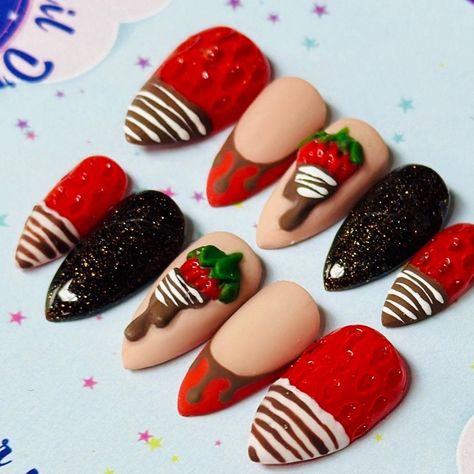 Indulge in the sweetest nail art this Valentine's Day with our handmade Press On Nails featuring irresistible chocolate-covered strawberries! Each set is carefully crafted to bring a touch of decadence to your fingertips, combining the elegance of a French nail with the delicious allure of chocolate drips. Product Details: 🍓 Handmade Chocolate-Covered Strawberries Design 🍫 French Nail with Chocolate Drip 💅 Easy to Apply Press On Nails 💖 Perfect for Valentine's Day 🎨 Customize Your Style: I believe in personalization! Want to add a personal touch to your nails? Customize your design by messaging me directly! 🔄 Press-On, Press Off - Repeat the Fun! Wanna change up your style? No problemo! These babies are reusable if removed properly. Comfort is Queen: Made from soft gel, these nails a Strawberry Inspired Nails, Chocolate Covered Strawberry Nails, Chocolate Strawberry Nails, Cake Nails Design, Apple Pie Nails, Hot Chocolate Nails, Chicken Nails, Dessert Nails, Pie Nails