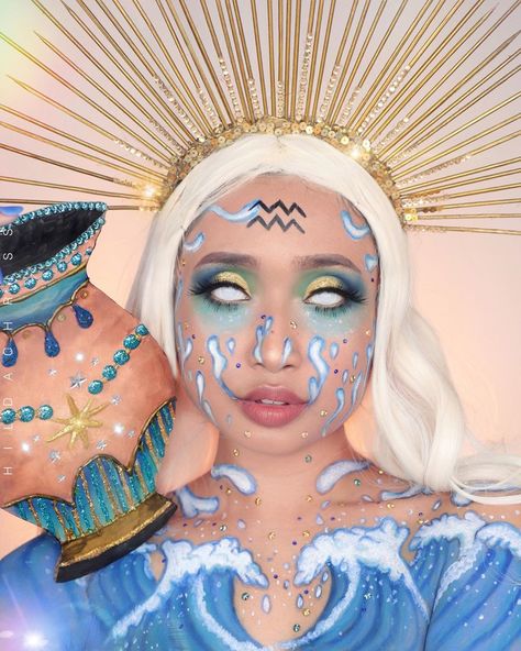 Aquarius Halloween Costume, Aquarius Makeup Look Zodiac, Aquarius Cosplay, Aquarius Costume, Aquarius Makeup, Precisely My Brow Pencil, The Water Bearer, Element Air, Avant Garde Makeup