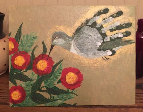 Hummingbird handprint art Paintings With Handprints, Hummingbird Footprint Art, Garden Handprint Art, Hummingbird Handprint, Handprint Pictures, Handprint Painting, Baby Hand And Foot Prints, Nursery Crafts, Infant Room