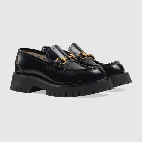 Shop the Black Leather Lug Sole Loafer at GUCCI.COM. Enjoy Free Shipping and Complimentary Gift Wrapping. Gucci Shoe, Flat Loafers, Rose Bleu, Leather Loafer Shoes, Platform Loafers, Gucci Leather, Dress Shoes Womens, Heeled Loafers, Gucci Shoes