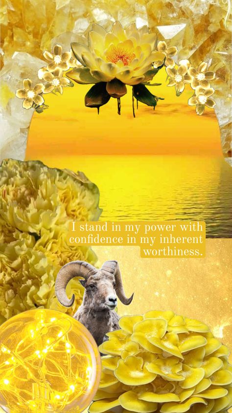 Yellow gold aesthetic for the solar plexus chakra with mushrooms, flowers, sun, lightbulb, citrine crystals and mantra - inspirational wallpaper for personal power, confidence, self-worth #manipura Yellow Gold Aesthetic, Chakra Aesthetic, Yellow Aesthetic Wallpaper, Inspirational Wallpaper, Manipura Chakra, Spiritual Wallpaper, Gold Aesthetic, Inspirational Wallpapers, Personal Power