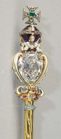 Sovereign's Sceptre with Cross, England (1661; gold, diamonds, emeralds, rubies, sapphires, spinels, amethysts, enamel). Represents the sovereign's temporal power and is associated with good governance. Royal Collection © Her Majesty Queen Elizabeth II. Kings Scepter, Royal Scepter, Cullinan Diamond, British Crown Jewels, Royal Crown Jewels, Rule Britannia, Royal Crowns, Big Board, Royal Tiaras