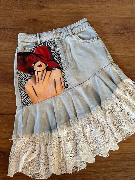 Painted Denim Skirt, Painting Skirt, Hand Painted Denim, Cottagecore Art, Painted Jacket, Painted Denim, Custom Hand Painted, Character Ideas, Fabric Paint