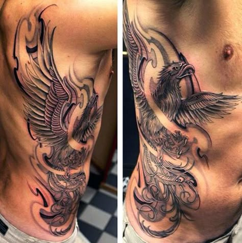 Men's Dragon And Phoenix Tattoo On Ribs Phoenix Tattoo Men, Tato Phoenix, Phoenix Tattoo For Men, Rib Tattoos For Guys, Bird Tattoo Men, Phoenix Bird Tattoos, Eye Tattoos, Phönix Tattoo, Phoenix Tattoo Design