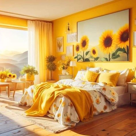 Sunflower Bedroom Ideas, Dorm Room Themes, Yellow Kitchen Cabinets, Sunflower Room, Yellow Decor Living Room, Vibe Rooms, Cottagecore Room, Built In Shelves Living Room, Floral Bedding Sets