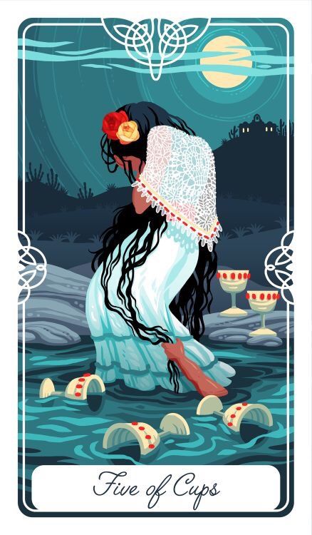 Card of the Day - 5 of Cups - Thursday, June 7, 2018 Tarot Of The Divine, 5 Of Cups, Yoshi Yoshitani, Five Of Cups, Tarot Cups, Cups Tarot, Learning Tarot Cards, Divination Cards, 카드 디자인