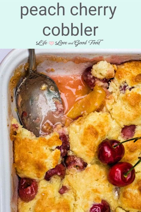 Made with fresh peaches and sweet Bing cherries, Peach Cherry Cobbler with Sweet Biscuit Topping is the perfect homemade Summer dessert. Best served warm with a scoop of vanilla ice cream, this easy made-from-scratch cobbler recipe is baked with a sweet drop biscuit topping on top of slices of fresh peaches and pitted cherries. Cherry And Peach Cobbler, Peach Cherry Cobbler, Peach And Cherry Recipes, Cherry Cobbler Recipe, Peach Dessert, Healthier Treats, Fresh Strawberry Pie, Easy Sweets, Bing Cherries