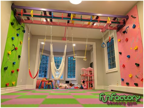 Home Sensory Gym, Sensory Gym At Home, Indoor Sensory Gym, Gym Family Room, Kids Gym Room, Sensory Kids Room, Kids Indoor Gym, Kids Playroom Basement, Kids Jungle Gym