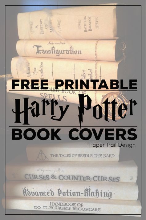 Print this fun Harry Potter themed book covers onto parchment paper and wrap them around books to create a fun Hogwarts spell book display. #papertraildesign #harrypotter #harrypotterparty #harrypotterpartyideas #harrypotterideas #harrypotterbookcovers #hogwarts #hogwartsbookcovers Diy Harry Potter Book Covers, Harry Potter Book Covers Printable Free, Printable Harry Potter Book Covers, Harry Potter Spell Book Printable, Harry Potter Book Covers Printable, Harry Potter Herbology Printables, Diy Spell Book Cover, Herbology Harry Potter, Harry Potter Pages Books