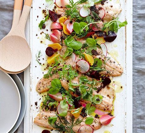 Goulburn River trout with pumpernickel recipe: A Baker, Canberra | Gourmet Traveller Salmon Plating, Sunday Kos, Dinner Party Entertainment, Raw Fish Recipes, Drinks Buffet, Gnocchi Chicken, Fancy Foods, Curry Pasta, Plating Food