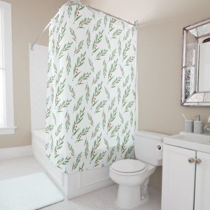 Watercolor Leaves and Berries Pattern Shower Curtain Neutral Shower Curtains, Bird Shower Curtain, Red Shower Curtains, Flower Shower Curtain, Bamboo Bathroom, Eucalyptus Branches, Christmas Shower Curtains, Custom Shower Curtains, Flower Shower