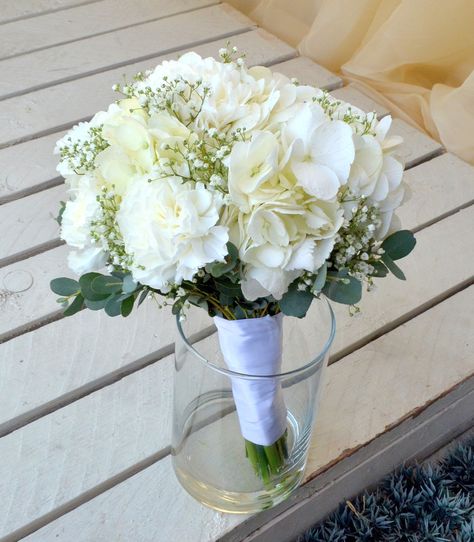 Carnation, Hydrangea and babies breath bouquet White Carnations Wedding, Carnation Bridesmaid Bouquet, White Carnation Bouquet, Carnation Wedding Bouquet, Babies Breath Bouquet, Bouquet Carnation, Hydrangea Bridesmaid Bouquet, White Hydrangea Bouquet, Carnation Wedding