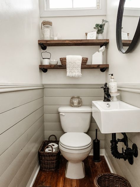 Bathroom, Powder Room refresh detailed and step by step instructions to install shiplap, floating wood shelves, and a new sink. Shop the entire bathroom/powder room as well!  Modern farmhouse, simple style, farmhouse sink, small sink, brushed bronze hardware, small space living, reclaimed wood shelves, woven basket, hand towels, home decor accessories, cottage style, southern living. Farmhouse Powder Room, Floating Wood Shelves, Small Half Bathroom, Tiny Powder Rooms, Small Half Bath, Tiny Powder Room, Powder Room Remodel, Toilet Room Decor, Small Toilet Room