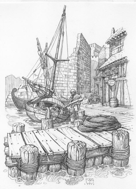 Jannit Maarten's Boatyard from Septimus Heap Mark Zug Art, Septimus Heap, Beginner Drawing Lessons, Ancient Castle, Sea Drawing, Boat Drawing, My Sketchbook, House Drawing, Landscape Drawings