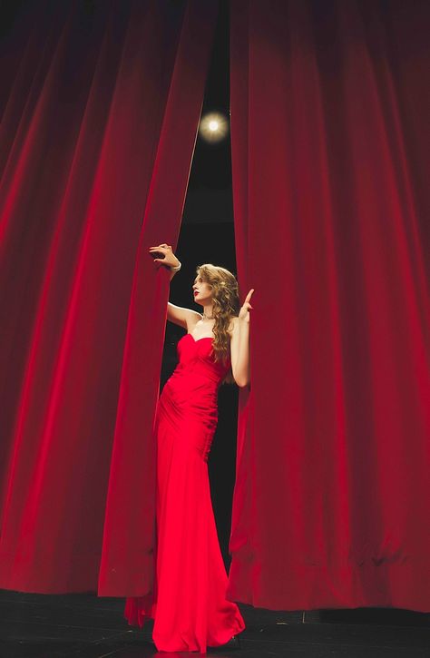 Hollywood Themed Photoshoot, Actress Photoshoot Ideas, Theatrical Photoshoot, Red Curtain Photoshoot, Theater Photoshoot Ideas, Dramatic Senior Pictures, Theatre Photoshoot, Stage Photoshoot, Recital Poster