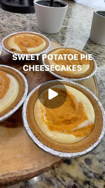 PRIVATE CHEF & CATERER on Instagram: "SWEET POTATO PIE CHEESECAKE sweet potatoe pie: 1 - 2 medium sweet potatoes, baked or boil 4 tbsp butter 1/4 c granulated sugar 1 tsp vanilla extract 1 large egg beaten 3 tbsp milk 3 tsp cinnamon 1 tbsp flour 2 tsp nutmeg cheesecake; 1 package cream cheese, room temp 1 egg room temp 1/3 c sugar 1 tsp vanilla mix combine both batters in a mini cheesecake pre made cups, or make your own crust: 1 c crushed graham@crackers 1/4 c melted butter 1/4 c powder sugar bake @ 350 for 15-20 min #dessert #food #foodporn #foodie #cake #yummy #instafood #chocolate #sweet #delicious #foodphotography #homemade #desserts #foodstagram #baking #foodblogger #pastry #icecream #love #instagood #sweets #cakes #foodlover #recipe #sweetpotatopie #cheesec Sweet Potato Pie Cheesecake, Sweet Potatoes Baked, Cheesecake Pie Recipes, Sweet Potato Cheesecake, Graham Cracker Recipes, Potatoes Baked, Cheesecake Tarts, Sweet Potato Pies Recipes, Graham Cracker Crust Pie