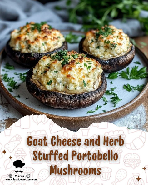 Indulge in the savory flavors of Goat Cheese and Herb Stuffed Portobello Mushrooms. A simple yet elegant dish perfect as an appetizer or side, loaded with rich, creamy goodness. Goat Cheese Stuffed Portabella Mushrooms, Stuffed Portabella Mushroom Recipes, Portabella Mushroom Recipes, Portabella Mushroom Burger, Stuffed Mushroom Recipes, Goat Cheese Stuffed Mushrooms, Healthy Stuffed Mushrooms, Portabella Mushrooms Recipes, Stuffed Portobello Mushrooms