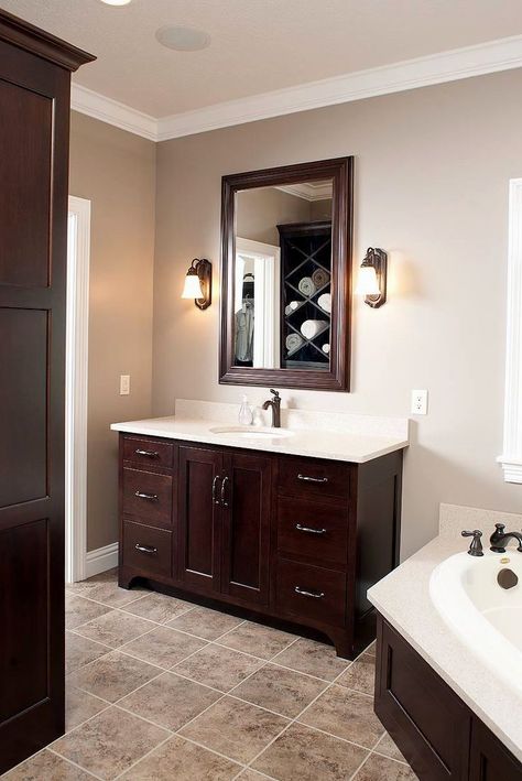 27 Inspirational Bathroom Color Ideas Dark Cabinets Bathroom, Crazy Bathroom, Bathroom Cabinet Colors, Bathroom Wall Colors, Dark Brown Cabinets, Painting Bathroom Cabinets, Bathroom Color Schemes, Brown Cabinets, Bathroom Red