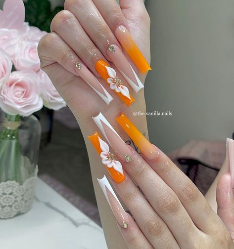 Licensed Nail tech, Tacoma, WA 📍 (@the.vanilla.nails) • Instagram photos and videos Vanilla Nails, Orange Acrylic Nails, Flare Nails, 3d Flower Nails, Edgy Nails, Long Acrylic Nails Coffin, Long Square Acrylic Nails, Bride Nails, Tacoma Wa