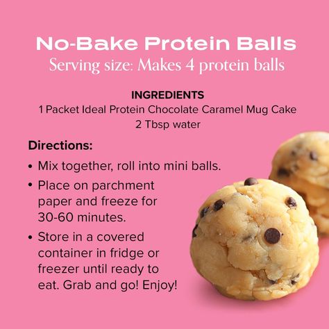 Ideal Protein balls made with the caramel mug cake Ideal Protein Snacks, Caramel Mug Cake, Ideal Protein Alternatives, Healthy Chocolate Mug Cake, Ideal Protein Phase 1, Ideal Protein Diet, Mug Cake Healthy, Protein Mug Cakes, Protein Fruit