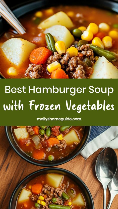 Looking for a cozy and hearty meal idea? Try making hamburger soup with frozen vegetables! This recipe is quick, simple, and perfect for those busy weeknights. Packed with flavors and nutrient-rich veggies, this soup will surely warm you up from the inside out. It's a versatile dish that you can easily customize based on your preferences. Whether you're cooking for picky eaters or trying to sneak in more vegetables into your diet, hamburger soup with frozen vegetables is a delicious choice. Ww Hamburger Vegetable Soup, Vegetable Soup Base Recipe, Burger Vegetable Soup, Vegetable Beef Soup With Frozen Veggies, Hamburger Soup With Frozen Vegetables, 4 Can Vegetable Soup, 8 Can Vegetable Soup, Best Hamburger Vegetable Soup Recipe, Vegetable Burger Soup