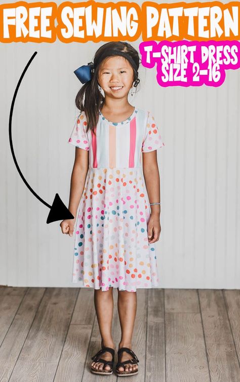 This girls t shirt dress pattern is super cute and works in so many various combinations. The top is knit fabric and the skirt options can be woven or knit fabric. Free Printable shirt dress sewing pattern you have to try.  via @lifesewsavory Jersey Knit Dress Pattern Free, Tshirt Dress Sewing Pattern, T Shirt Dress Pattern Free, Easy Girls Dress Pattern Free, T Shirt Dress Sewing Pattern, 2t Dress Pattern Free, Twirl Dress Pattern Free, Girls Knit Dress Pattern Free, Girls Dress Sewing Patterns Free