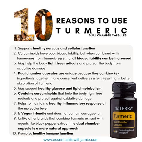 Turmeric powder has been all the rage in the health and wellness world, but the Turmeric essential oil is where we really find the greatest benefits of the spice. We can use Turmeric to/ for: Helping support healthy metabolic functions Promote overall cellular health Helps support healthy cellular integrity Supports the immune system’s natural functions If you are ready to take Turmeric to the next level, you should try the Turmeric Dual Chamber Capsules. These capsules combine the complementa Tumeric Essential Oil Uses Doterra, Turmeric Oil Benefits, Turmeric Capsules, Fall Diffuser Blends, Turmeric Essential Oil, Neurological System, Turmeric Oil, Turmeric Extract, Healthy Immune System