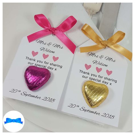 Personalised chocolate heart favour tags. These personalised favours are prefect for adding an extra decorative touch to your table dressing, along with a little thank you message and favour treat for your guests. Choice of chocolate heart foil colours and satin bow colours. I hand tie all the satin bows in your choice of colour. Also ideal for birthday parties, hen parties, baby showers, a wedding or anniversary celebration, engagements, bridal showers and other special occasions. WHAT I NEED F Personalized Chocolate Wedding Favors, Personalised Favours, Wedding Anniversary Favors, 50th Birthday Party Favors, Baby Shower Gifts For Guests, Sweet Wedding Favors, Heart Wedding Favors, Heart Favors, Personalised Chocolate