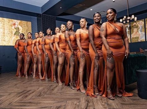 Wedding Black People, Terracotta Bridesmaid Dresses, Black People Weddings, Brown Wedding Themes, Terracotta Bridesmaid, Orange Wedding Themes, Burnt Orange Wedding, Mermaid Long Bridesmaid Dresses, Gorgeous Bridesmaid Dresses