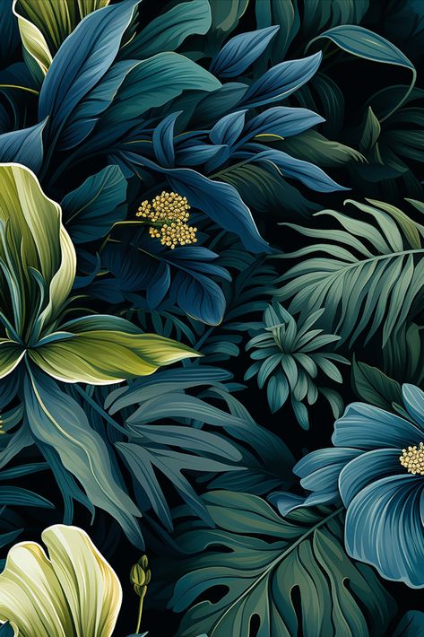 Tropical Floral Wallpaper, Corner Mural, Dark Tropical Wallpaper, Tropical Leaves Painting, Jungle Prints, Flowers Black Background, Shadow Painting, Dark Florals, Forest Scenery