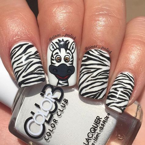 Character Nails, Cartoon Nails, Zebra Nails, Finger Nail Art, Zebra Design, Animal Nails, Animal Print Nails, Color Club, Zebra Stripes