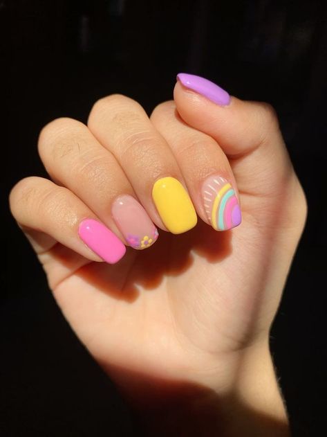 Rainbow On Nails, Nails With Rainbow Design, Karol G Nails, Nail Art Rainbow, Nails Rainbow, Cruise Nails, Rainbow Nails Design, Neon Acrylic Nails, Pink Gel Nails