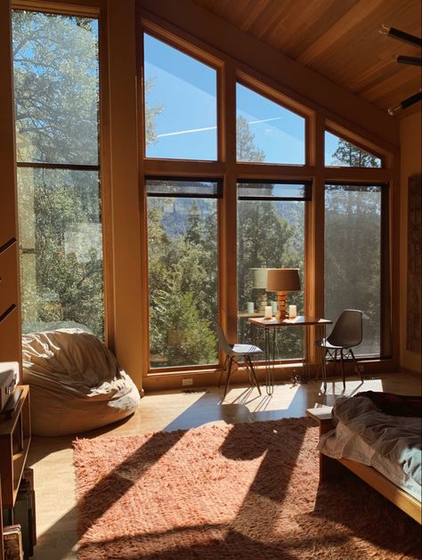 Wooden Aesthetic House, All Window Bedroom, Big Window Home, New Homeowner Aesthetic, Oregon Home Aesthetic, Calm House Aesthetic, Bedroom Skylight Ideas, Natural Lighting Home, Nature House Aesthetic