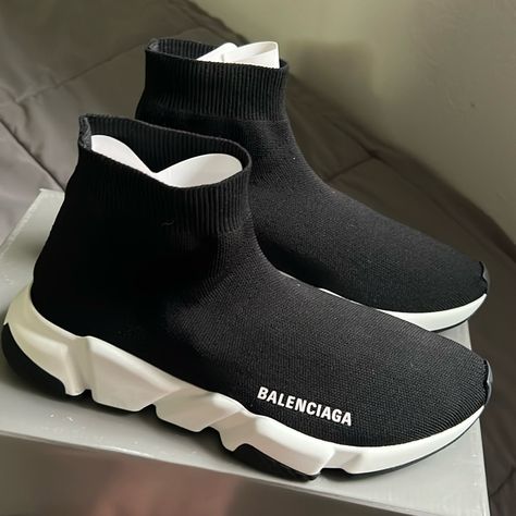 In Excellent, Almost Like New Condition. Purchased 2021 @ Las Vegas Forum Shops Balenciaga Store. Womens Size 39, Us Size 9 Description Balenciaga Speed Trainer High Top Sock Sneakers Black White Rubber Trim Round-Toes Includes Box Dust Bag Original Receipt