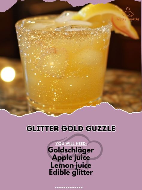 ✨ Sip on the sparkle with Glitter Gold Guzzle! A glittering delight in every glass! ✨🍸 #GlitterGoldGuzzle #SparklingCocktails Glitter Gold Guzzle Ingredients: Goldschläger (1.5 oz) Apple juice (2 oz) Lemon juice (0.5 oz) Edible glitter (a pinch) Ice Lemon twist (for garnish) Instructions: Shake Goldschläger, apple juice, lemon juice, and ice. Strain into a glass with ice. Add a pinch of edible glitter. Garnish with a lemon twist. 🌟 Shine bright with each sip of this dazzling cocktail! Per... Drinks With Edible Glitter, Goldschlager Drinks, Drink Glitter, Gold Drinks, Lemon Twist, Yummy Alcoholic Drinks, Edible Glitter, Glitter Gold, Apple Juice