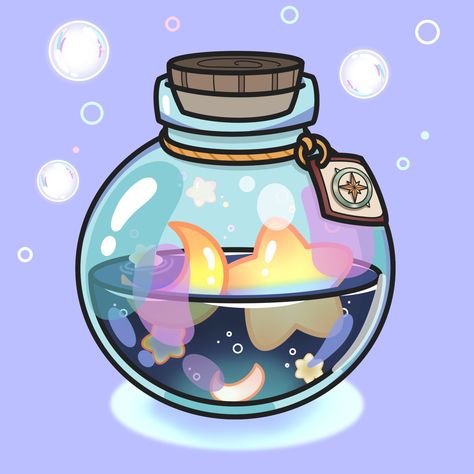 Stars In A Jar Drawing, Magic Jar Drawing, Potion Art Drawing, Kawaii Potion Bottle, Cute Bottle Drawing, Potion Jar Drawing, Potion Drawing Bottle, Star Candy Drawing, Kawaii Bottle Drawing