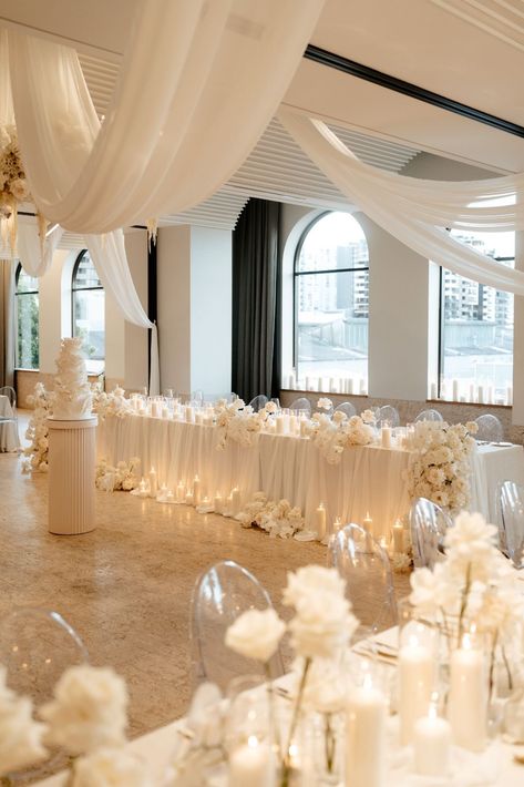 Gallery — Florals & Co Gold Coast Wedding Florist Gold White Wedding Theme, White And Gold Wedding Centerpieces, Gold Wedding Reception, White And Gold Wedding, Flower Ceiling, White Wedding Theme, Gold Wedding Decorations, Wedding Hall, Hall Decor