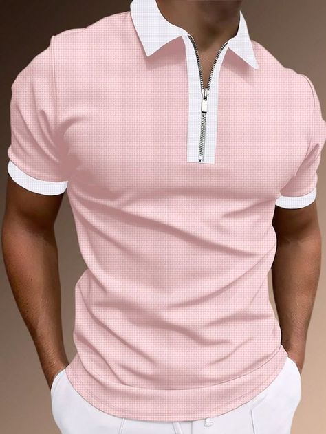 Baby Pink Casual Collar Short Sleeve Fabric Colorblock Embellished Slight Stretch Men Clothing Pink Shirt Men, Mens Smart Casual Outfits, Khaki Fashion, Polo Sport, Contrast Collar, Inspiration Mode, Pink Shirt, Men Clothing, Mens Polo Shirts