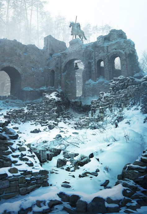 Snowy Wasteland, Snowy Battlefield, Frozen Wasteland, Beaux Arts Architecture, Old Ruins, Snowy Landscape, Fantasy Castle, Fantasy City, Biome