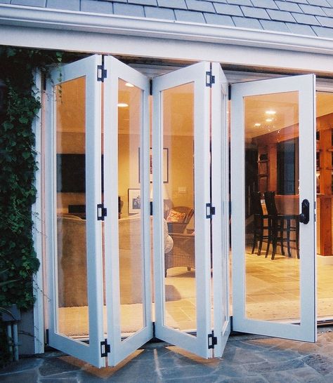 Folding patio doors from kitchen dining room to the outside Sliding French Doors Patio, Folding Patio Doors, Sliding French Doors, Patio Enclosures, French Doors Patio, House Window, Glass Walls, Patio Door, Folding Doors