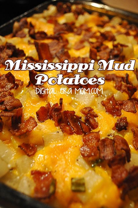 These look SO delicious-- bacon, cheese, potatoes... and really easy, too. Good for a pot luck! Seriously my favorite cheesy potatoes recipe ever! Mississippi Mud Potatoes, Mississippi Mud, Potato Recipes Side Dishes, Salad Pasta, Cheese Potatoes, Potato Side Dishes, Cheesy Potatoes, Think Food, Family Recipe