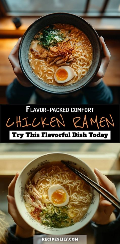 I'm excited to share my recipe for this comforting Chicken Ramen! With tender chicken, rich broth, and perfectly cooked noodles, this dish is a must-try. Plus, the soft-boiled egg adds an extra touch of deliciousness. Dive into this flavorful bowl today! Chicken For Ramen Recipe, Chicken Thigh Ramen, Ramen Noodle Recipes With Egg, Chicken Ramen Recipes, Gf Ramen, Homemade Ramen Recipes, Ramen Broth Recipe, Ultimate Chicken Noodle Soup, Homemade Ramen Broth