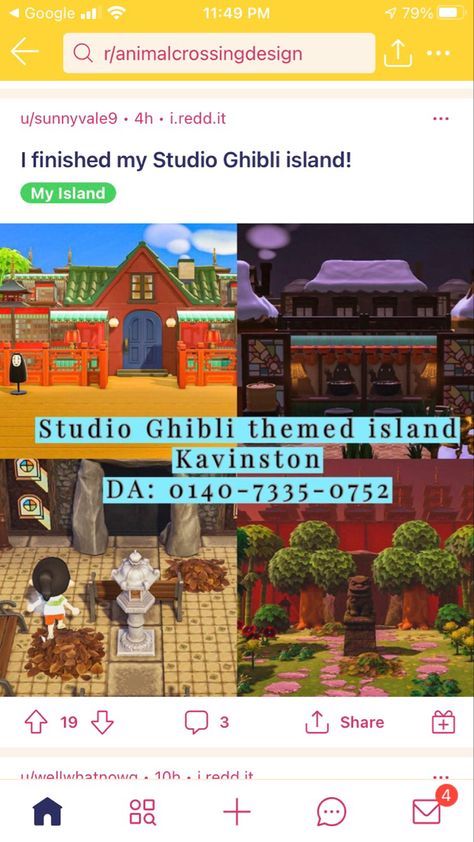 an island dedicated to studio ghibli films!!! so cute! #acnh #animalcrossing Acnh Island Studio Ghibli, Studio Ghibli Acnh Island Dream Code, Ghibli Animal Crossing Island, Studio Ghibli Island Animal Crossing, Acnh Japanese Island Dream Code, Acnh Ghibli Code, Ghibli Acnh Codes, Acnh Anime Islands, Acnh Island Tunes Studio Ghibli