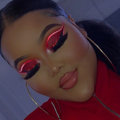 Red Theme Makeup Looks, Red Make Up Looks On Black Women, Red Makeup With Rhinestones, Red Birthday Makeup Looks, Red Glam Makeup Looks, Red And Silver Makeup Looks, Red Make Up Looks, Red Makeup Looks For Prom, Red Rhinestone Makeup